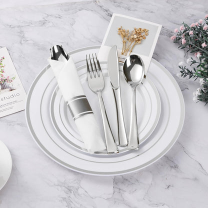 BESTVIP 350PCS Gold Plastic Dinnerware Set, Disposable Party Plates for 50 Guests, Include: 100 Plastic Plates, 50 Pre Rolled Napkins with Gold Silverware, 50 Cups