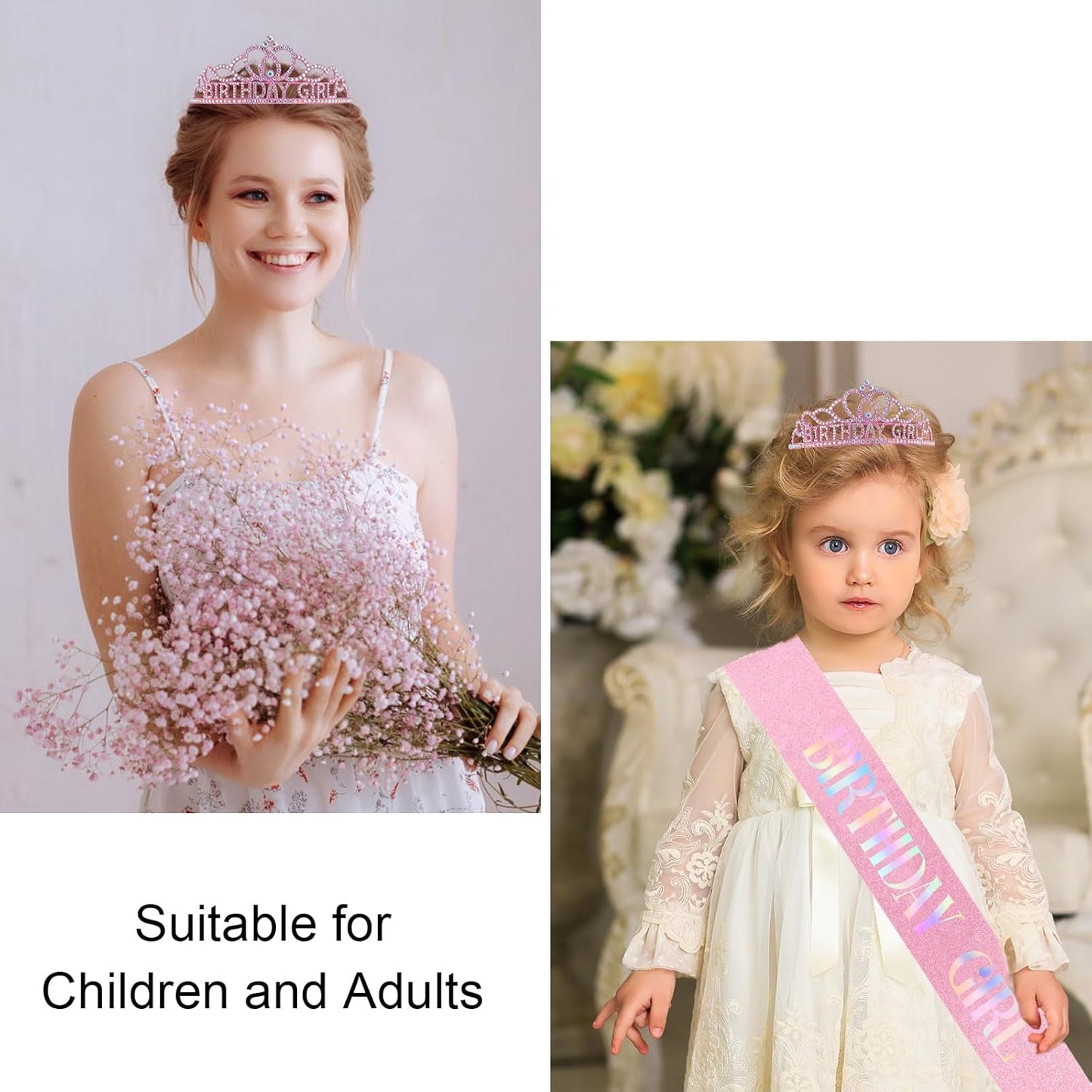 Chanaco Happy Birthday Crown and Sash Kit for Women and Girls - Rhinestone Tiara and Sashes with 'BIRTHDAY GIRL' Sash for Party Favors