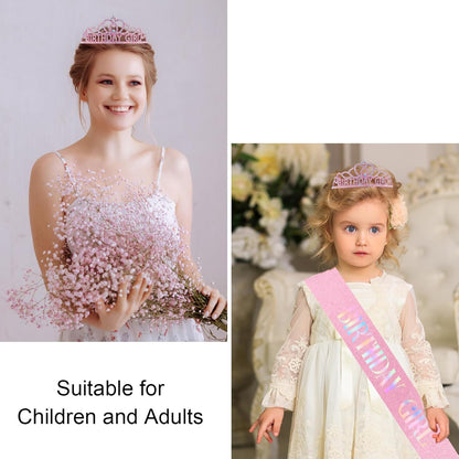 Chanaco Happy Birthday Crown and Sash Kit for Women and Girls - Rhinestone Tiara and Sashes with 'BIRTHDAY GIRL' Sash for Party Favors