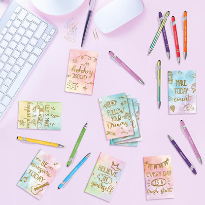 Funrous 32 Pcs Motivational Quote Pens Inspirational Notepads Mini Journal with Ballpoint Pen Small Notebooks Gift for Men Women Coworker Adult Party Favors Prize Teacher Student Office(Stylish)