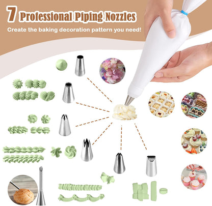 9-Piece Reusable Piping Bags and Tips Set- Cotton Baking Kit with Coupler, Stainless Steel Nozzles & Cleaner for Cakes/Cupcakes/Cookies Decorating