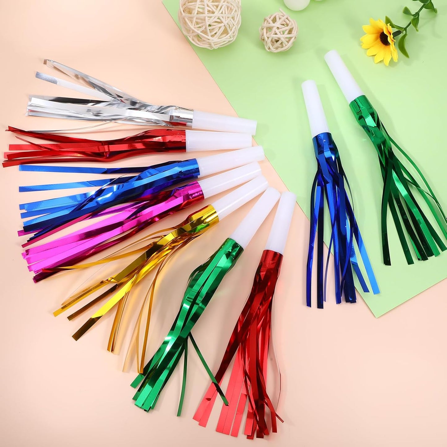 24 Pcs Party Horns, Party blowers Noise Makers, Noise Makers Glitter Metallic Fringed Birthday Blowers for Wedding Birthday Ceremony Festival (6 Colors)