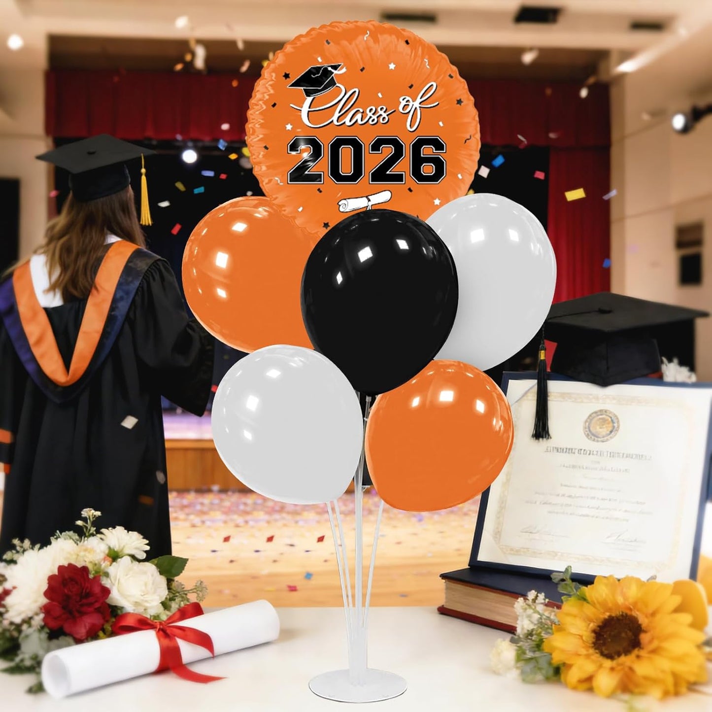 Graduation Decorations - 4 Set Balloon Stands, Class of 2026 Congrats Grad Table Centerpieces for Graduation Party Supplies(Gold& Black)