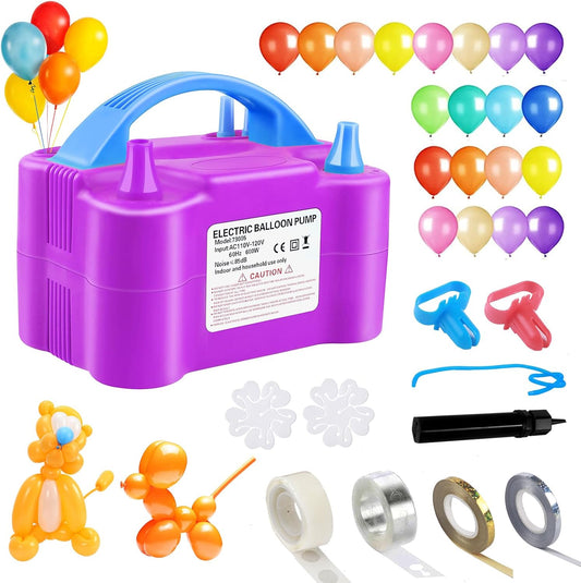QIPUMP Balloon Pump,Dual Nozzles Electric Balloon Pump with 100 Balloons, Balloon Inflator Air Pump Balloon Blower with Tying Tool, Colored Ribbons for Party Birthday Wedding Festival Decoration