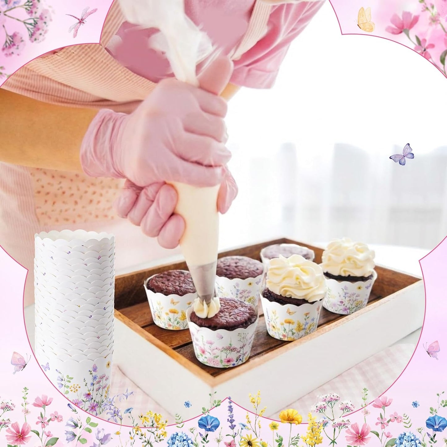 Qinyoung 120 Pcs Wildflower Cupcake Liner 4 Design Flower Paper Muffin Liner Scalloped Disposable Floral Baking Cup, Tea Party Baby/Bridal Shower Decoration for Spring Wedding Birthday Party Supplies