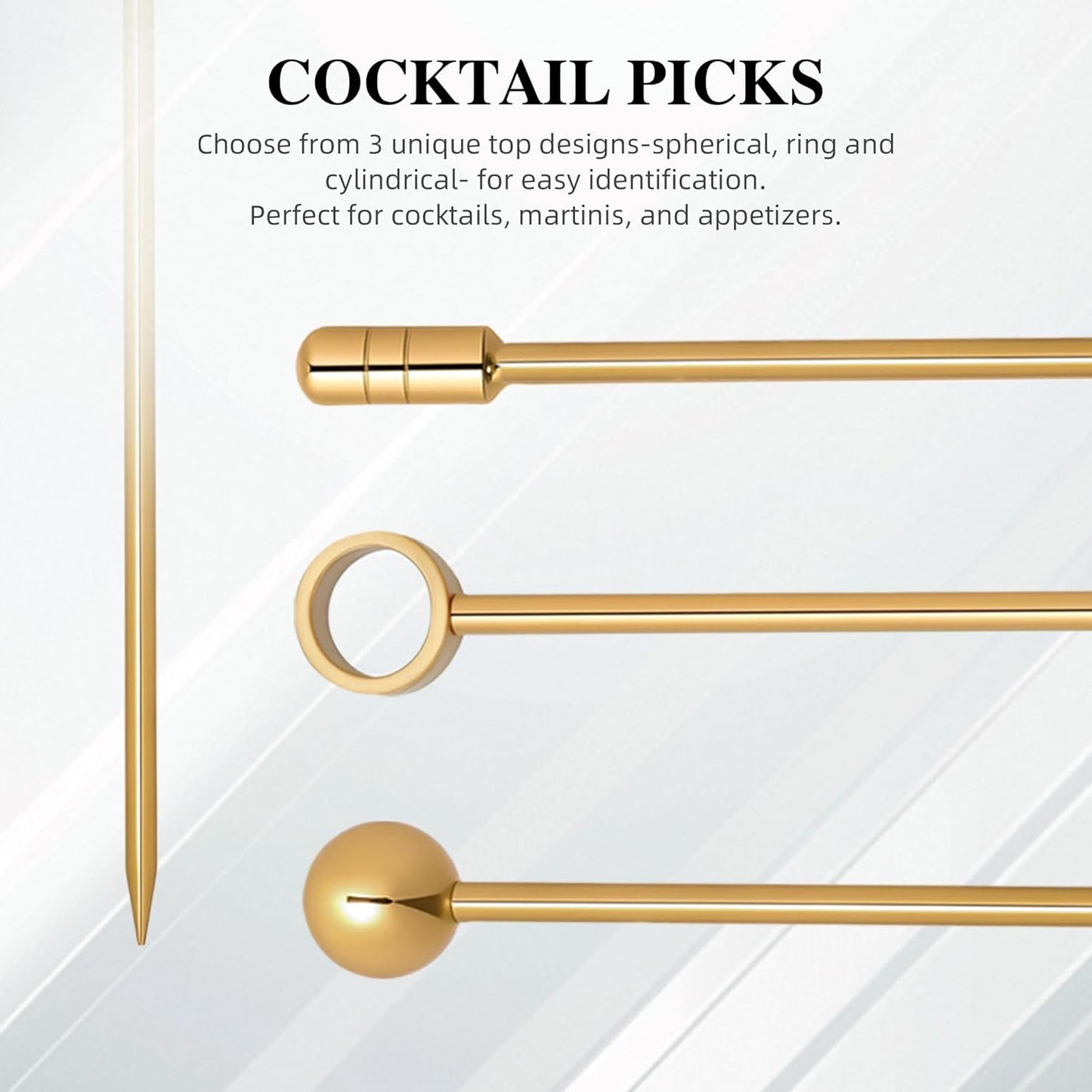 I-MART 15 Pack Stainless Steel Cocktail Picks Martini Olive Skewers, Reusable Metal Garnish Sticks for Drinks, Appetizers, Bloody Mary, Olives, Citrus, Fruit Decor (Gold, 4.25 Inch)