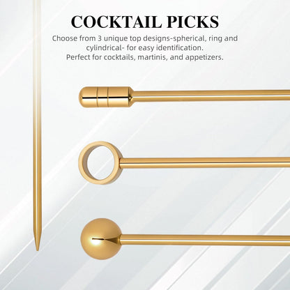 I-MART 15 Pack Stainless Steel Cocktail Picks Martini Olive Skewers, Reusable Metal Garnish Sticks for Drinks, Appetizers, Bloody Mary, Olives, Citrus, Fruit Decor (Gold, 4.25 Inch)