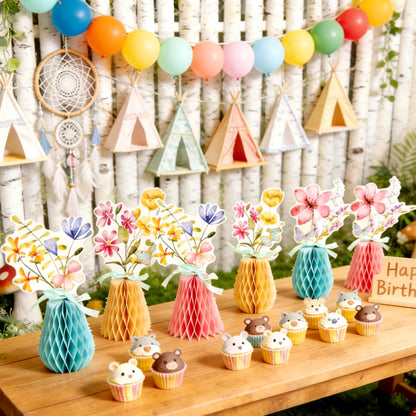 SUNBEAUTY 9PCS Spring Wildflower Party Decorations Wild Flowers Honeycomb Centerpieces for Tables Wildflower Birthday Spring Flower Theme Party Decorations for Garden Baby Shower, Easter, Mothers Day