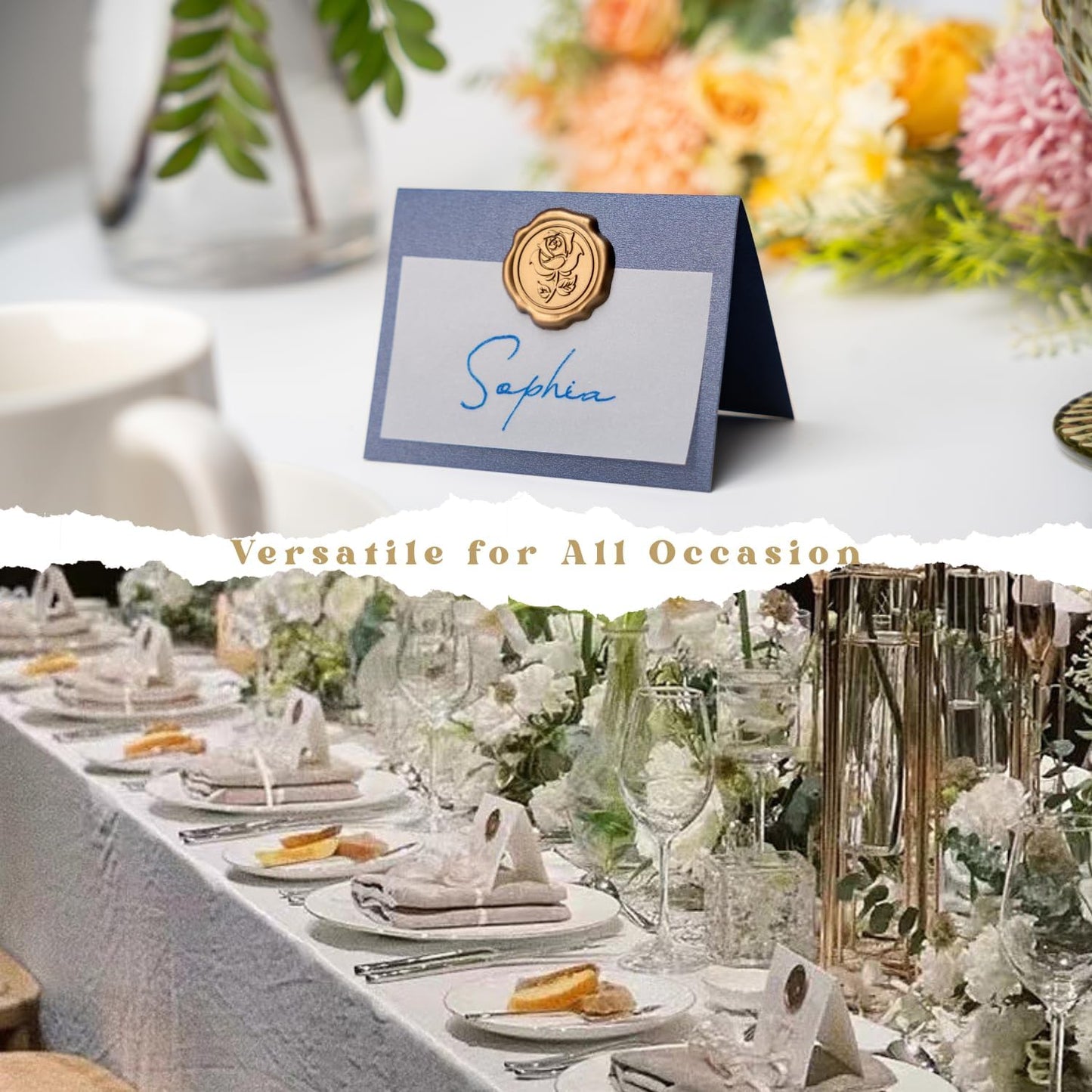 25 Pack Name Cards for Table Setting, Printable Place Cards with Antique Gold Rose Wax Seal Sticker for Wedding, Table Tent Card Stock Decor for Party, Dinner, Home(Pearlized Champagne Gold)