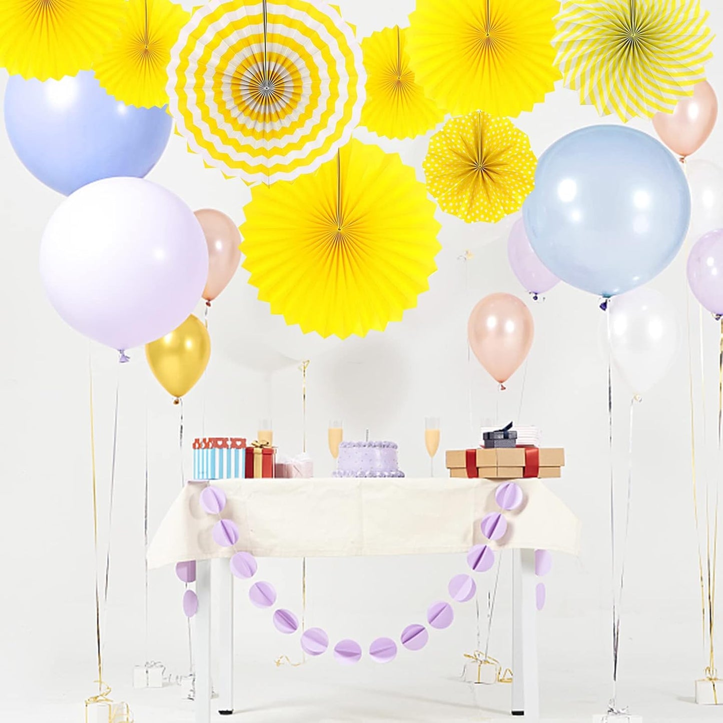LRCXL 12PCS Party Hanging Paper Fans Set, Fiesta Round Pattern Paper Garlands Decoration Party Supplies for New Year Baby Shower Birthday Wedding Graduation Events Accessories(Yellow)