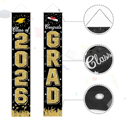 2026 Graduation Decorations, Graduation Banner Class of 2026, Hanging Congratulations/Congrats Grad Banner for Door and Porch, Party Decor - Black