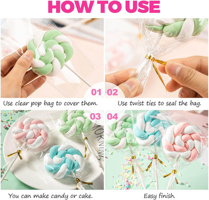 300Pcs Lollipop Sticks and Wrappers Kit, 100Pcs 6IN Cake Pop Stick, 100pcs Clear Candy Treat Bags Parcel, 100pcs Gold Twist Ties for Lollipops, Candies, Chocolates Cookies