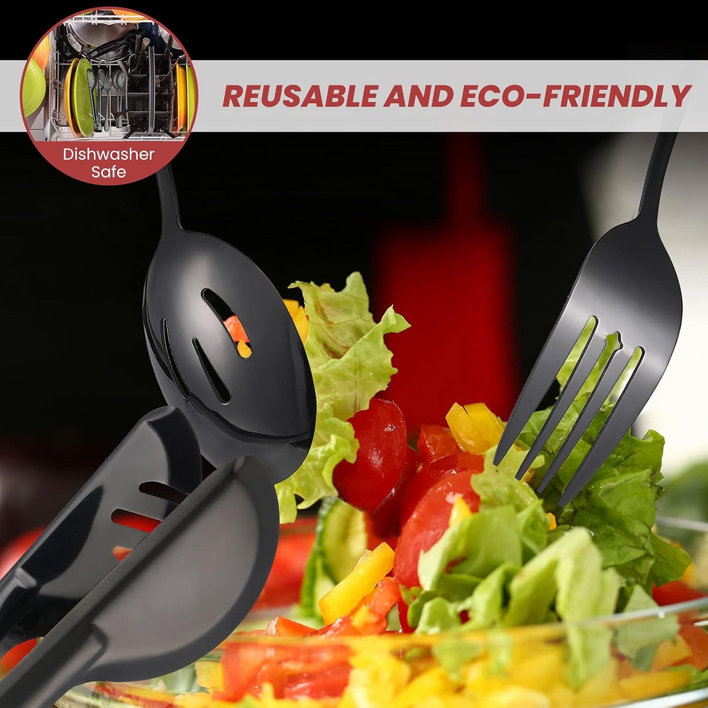 Patelai 15 Pcs Black Stainless Steel Serving Utensil Set 8.7" Large Spoons and Slotted Spoon 9.45" Tong 9" Forks Flatware Wedding Party Restaurant Cooking Kitchen Holiday Buffet Banquet Catering Hotel