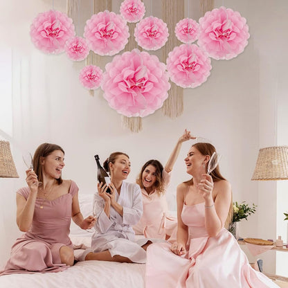 Tissue Paper Pom Poms, Pink Tissue Paper Flowers, Hanging Flower Balls for Weddings Fiesta Parties Birthday Baby Showers Classroom Bridal Shower Decoration (18Piece Set-6/10/12/14Inch)