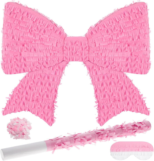 Hungdao Pink Bow Piñata for Girl Birthday Party Decorative Bowtie Piñata with Wooden Stick Blindfold Confetti Set Pink Coquette Birthday Baby School Wedding Supplies(Polka Dot Bow)
