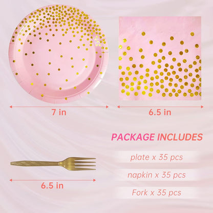 White and Gold Paper Plates Napkins Party Supplies,Disposable Gold Dot Paper Dessert Plates,105 PCS Birthday Plates and Napkins Party Supplies for Wedding(Serves 35 Guests 7")
