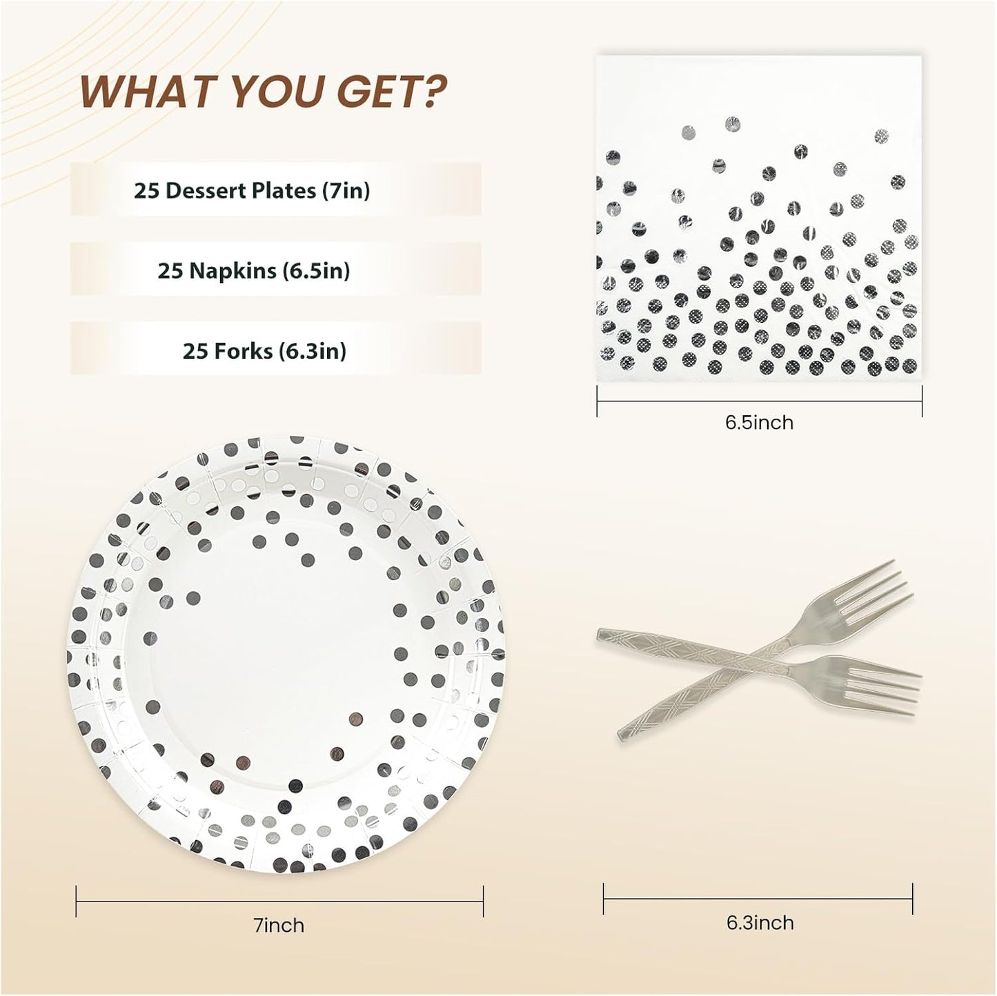 75PCS Paper Plates and Napkins Set - White and Gold Dot Disposable Party Dinnerware Includes Paper Plates, Napkins, Forks Decorations for 2026 New Year, Birthday, Wedding and Holiday, Serves 25