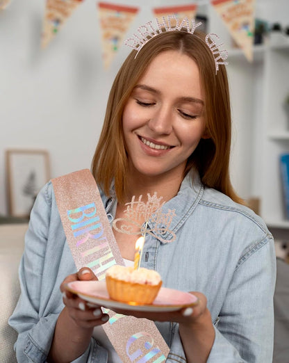 3 Pack Rose Gold Birthday Girl Sash and Rhinstone Headband Set for Women Glittery Cake Topper Happy Birthday Crown&Tiara Accessories Decorations Gifts for Kids.