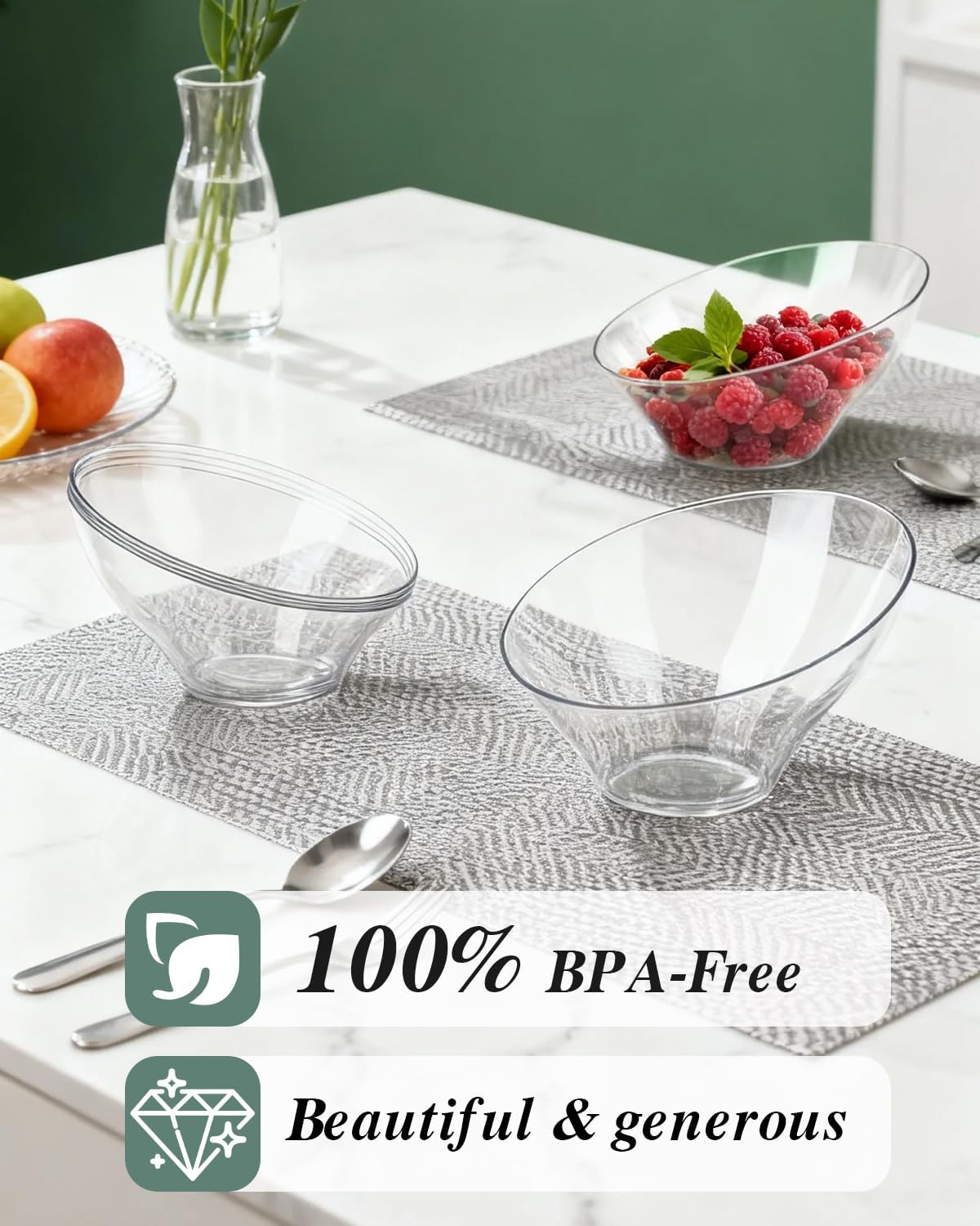 BESTVIP 54oz Clear Plastic Serving Bowls for Party - 12 Pack Angled Disposable Serving Bowls, Party for Chips, Snacks, Fruit, Salad - Bowls for Parties, Daily Use, Catering, Christmas