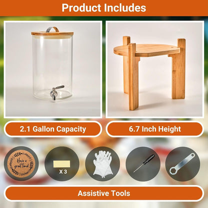 Glass Beverage Dispenser with Bamboo Stand 6.7 In and Lid, Iced 2.9 Gallon Drink Server with Spigot, Large Thick Glass Drink Dispenser for Parties, Hotels, Restaurants, Homes