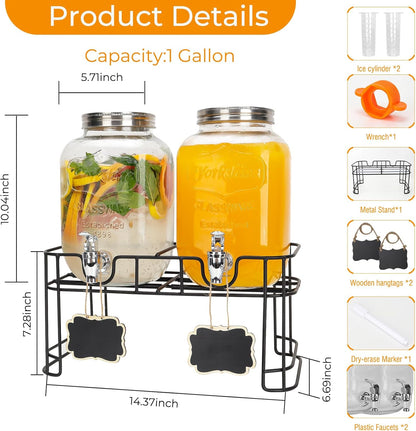 1 Gallon Glass Drink Dispensers, 2 Pack Clear Beverage Dispenser with Stand and Spigot for Parties, Drink Dispenser with Ice Core and Sticker for BBQ, Picnic, Lemonade Dispenser