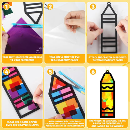 QOUBAI 32 Sets Stars Suncatchers Craft Back to School DIY Stained Glass Window Patriotic 4th of July Paper Craft Home School Classroom Decor Kid Birthday Gift Creative Art Activity Game - Colors B