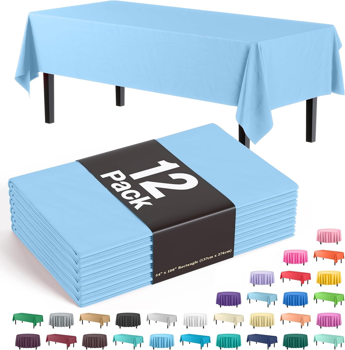 12-Pack Premium Plastic Tablecloth 54in. x 108in. Rectangle Table Cover - Dark Blue - Colors A