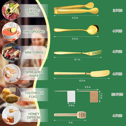 38 Pcs Charcuterie Boards Accessories, Silver Stainless Steel Charcuterie Utensils Set, Including Cheese Butter Spreader, Mini Serving Tongs, Knives, Spoons, Forks, Honey Dippers and Toothpick Flags