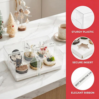 Cedilis 15 Pack Clear Cupcake Boxes, 6 Count Cupcake Containers with Gift Ribbon, Plastic Cupcake Carrier Holder for Treat Dessert Cookies Muffins Pastry Baby Shower Party