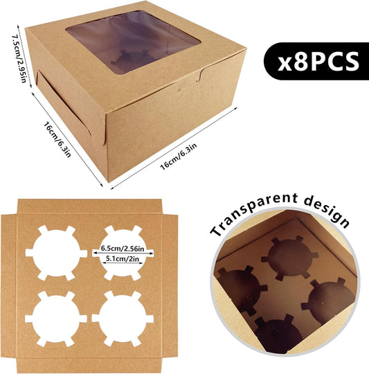 MUMULULU 8 PCS Brown Paper Cupcake Boxes with 4 Cavity Cookie Gift Boxes with Clear Window 4 Treat Holder Cupcake Containers Bakery Cake Box for Birthday Party Bakery Supplies