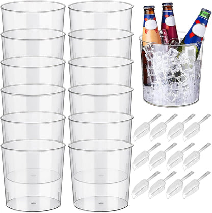Garvee 6.5 in Clear Plastic Ice Bucket – Multi-Purpose Wine/Champagne/Beer Cooler, Snack Tub, Kettle Corn Bowl, Vase – BPA-Free, Food-Grade, Durable & Stylish (12-Pack with Ice Tongs)