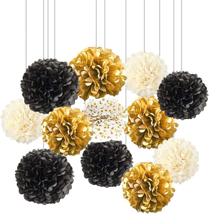 XIKSXITN 12 pc Rose Gold Gradient Tissue Paper Pom poms-Hanging Gold Dot White Paper Pom Poms Paper Flowers Ball for Party Decorative(8&10&12 inch)