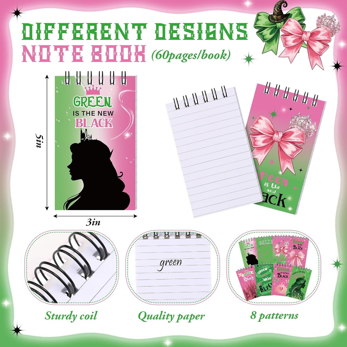 24 Pack Witch and Princess Theme Mini Spiral Notebooks 3 x 5 Inch, 50 Pages Each, Pink and Green Spiral Notepad Goodie Bag Stuffers Princess for Witch Theme Birthday Party Favors Supplies