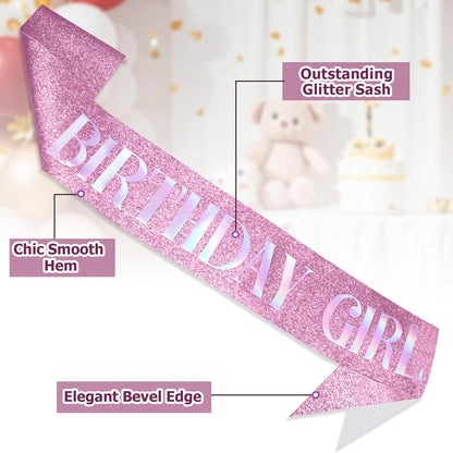 RUDONG M Birthday Girl Sash Glitter - Silver Birthday Sash for Women & Girls | Sweet 16/18th/21st/30th/40th/50th/60th/70th, All-Age Celebration Party Decor