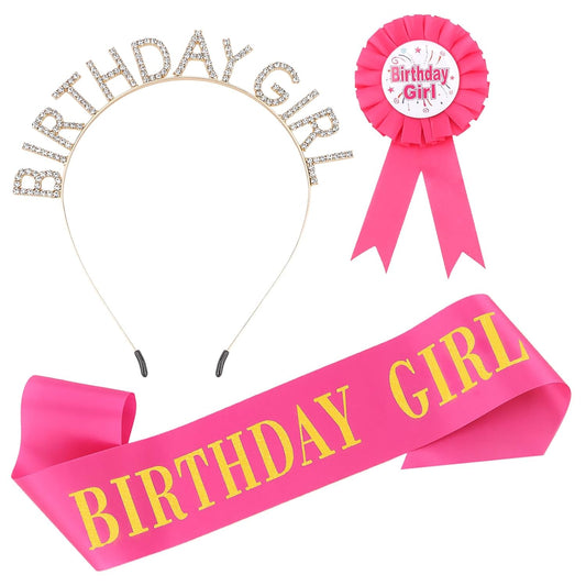 Chanaco Birthday Crown for Women, Girls - Birthday Sash & Tiara Set, Rhinestone Headband - Pink