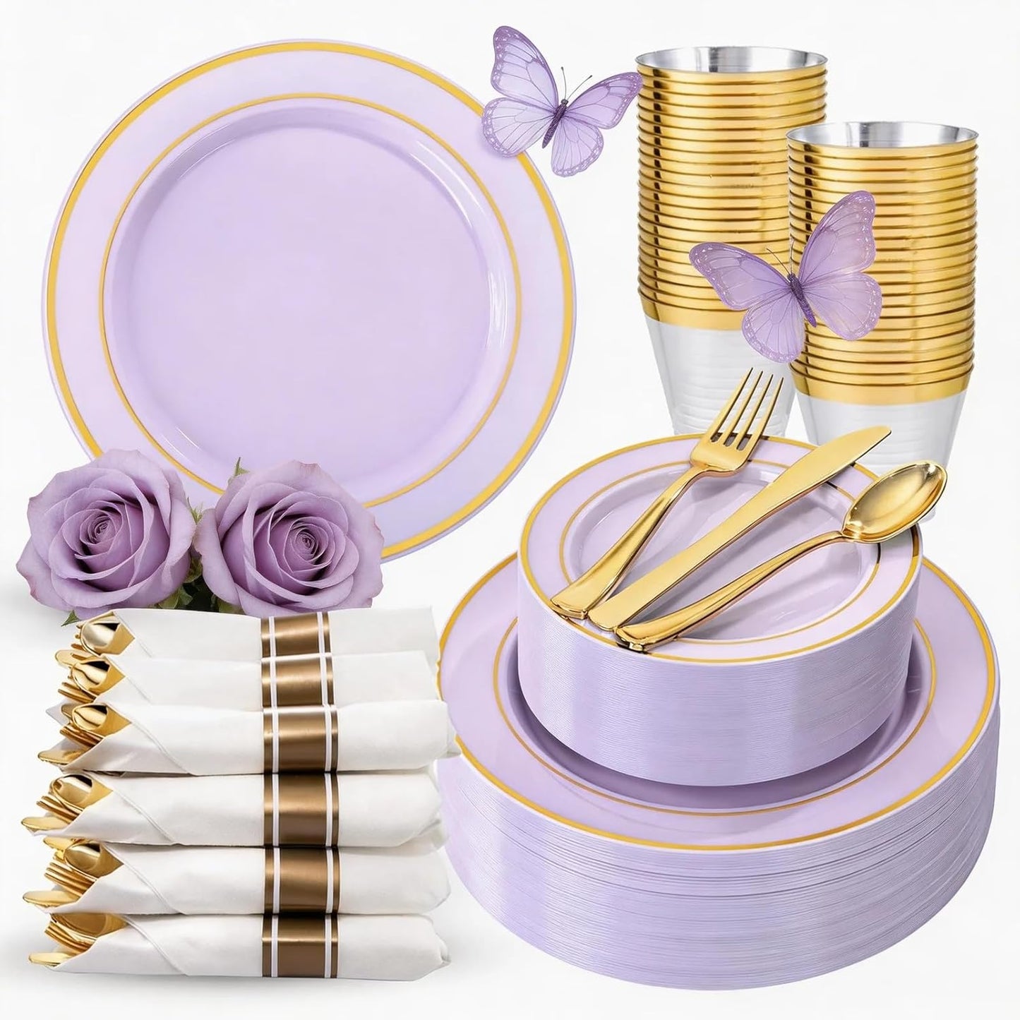 350 Pieces Black and Gold Plastic Plates with Disposable Silverware, Include 50 Dinner Plates 9”, 50 Dessert Plates 6.3”, 50 Black Cups 9 OZ, 50 Pre Rolled Napkins for Wedding Party Graduation