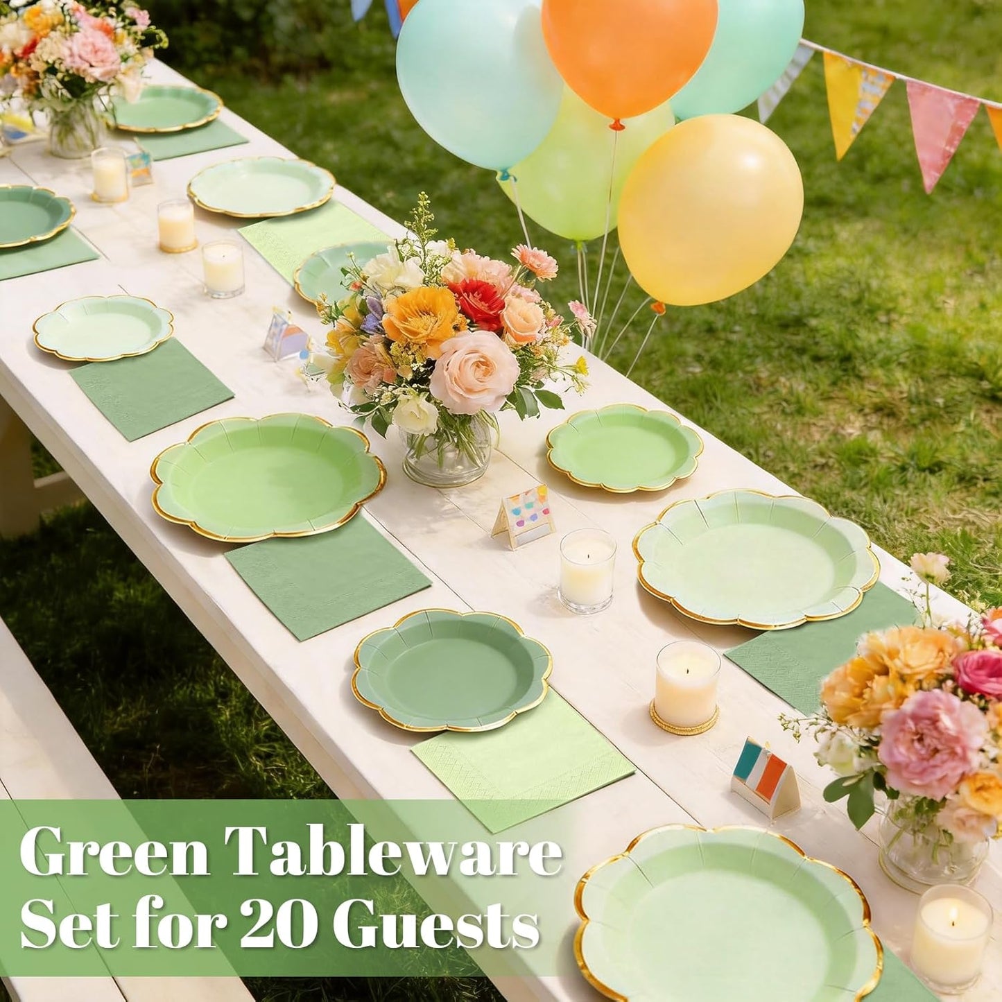 Sage Green Plates and Napkins Party Supplies for 20 Guests,Green Scalloped Paper Plates with Gold Rim, Elegant Disposable Tableware Set for Birthday,Baby Shower, Wedding, Bridal & Tea Party,60 PCS