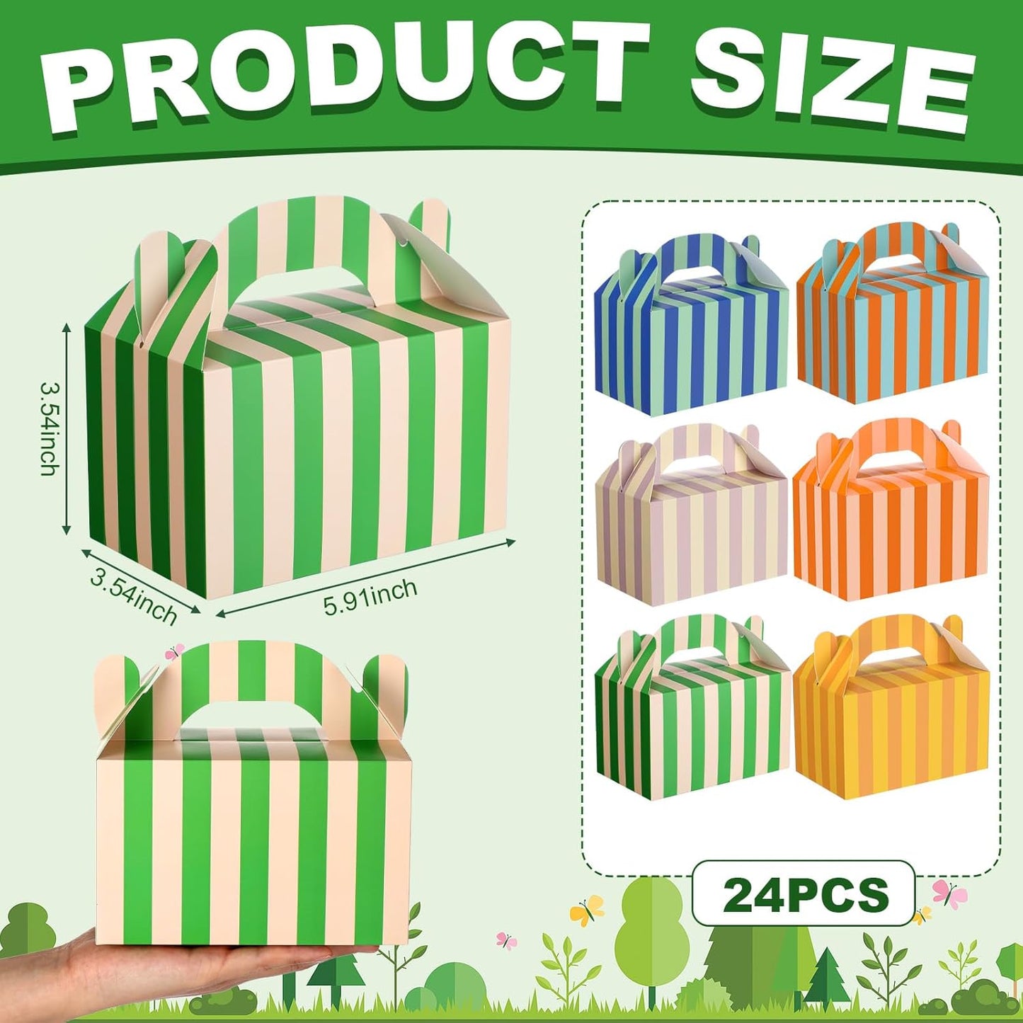 Novabright 24 Pcs Colorful Striped Party Favor Boxes Summer Pool Treat Gable Boxes with Handles Beach Stripe Gift Bags for Wedding Baby Shower Summer Pool Party Supplies