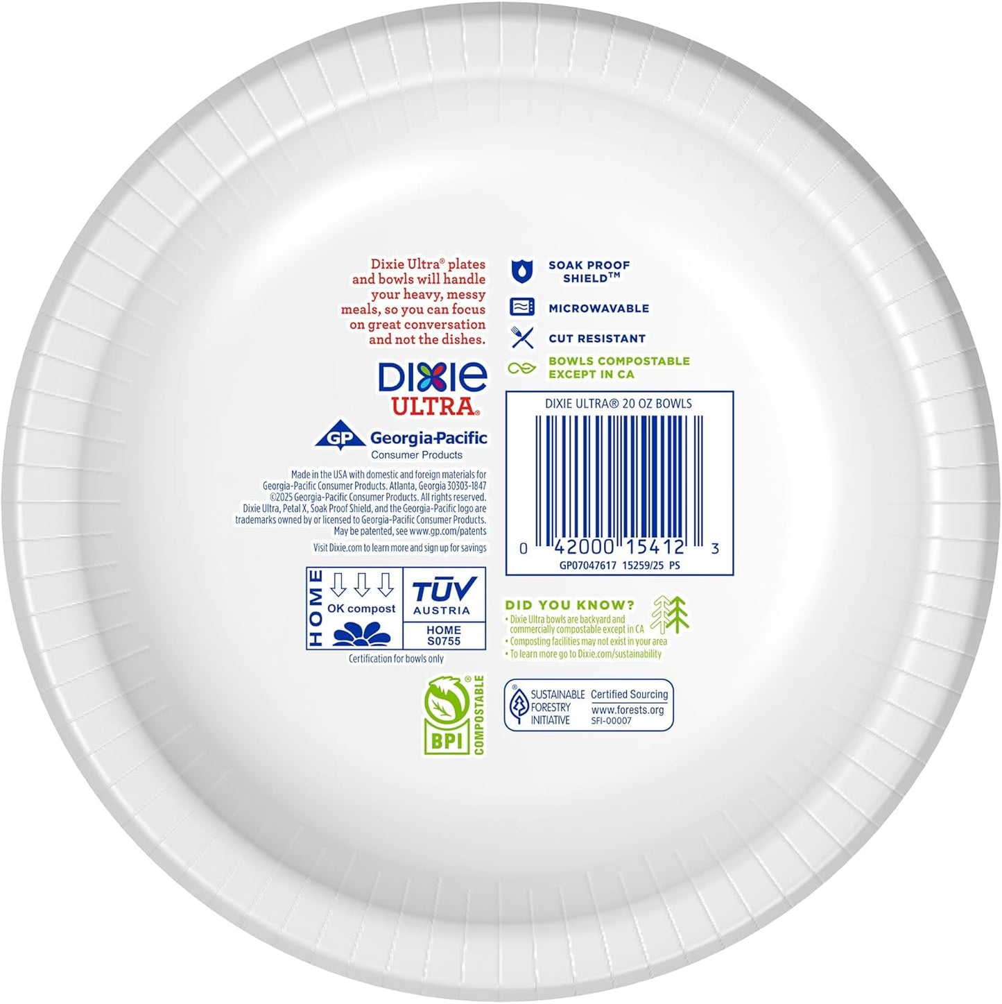 Dixie Ultra, Large Paper Bowls, 20 Oz, 150 Count (6 packs of 25 bowls), Microwave Safe, Compostable, Disposable Bowls Great For Breakfast, Lunch, And Dinner Meals