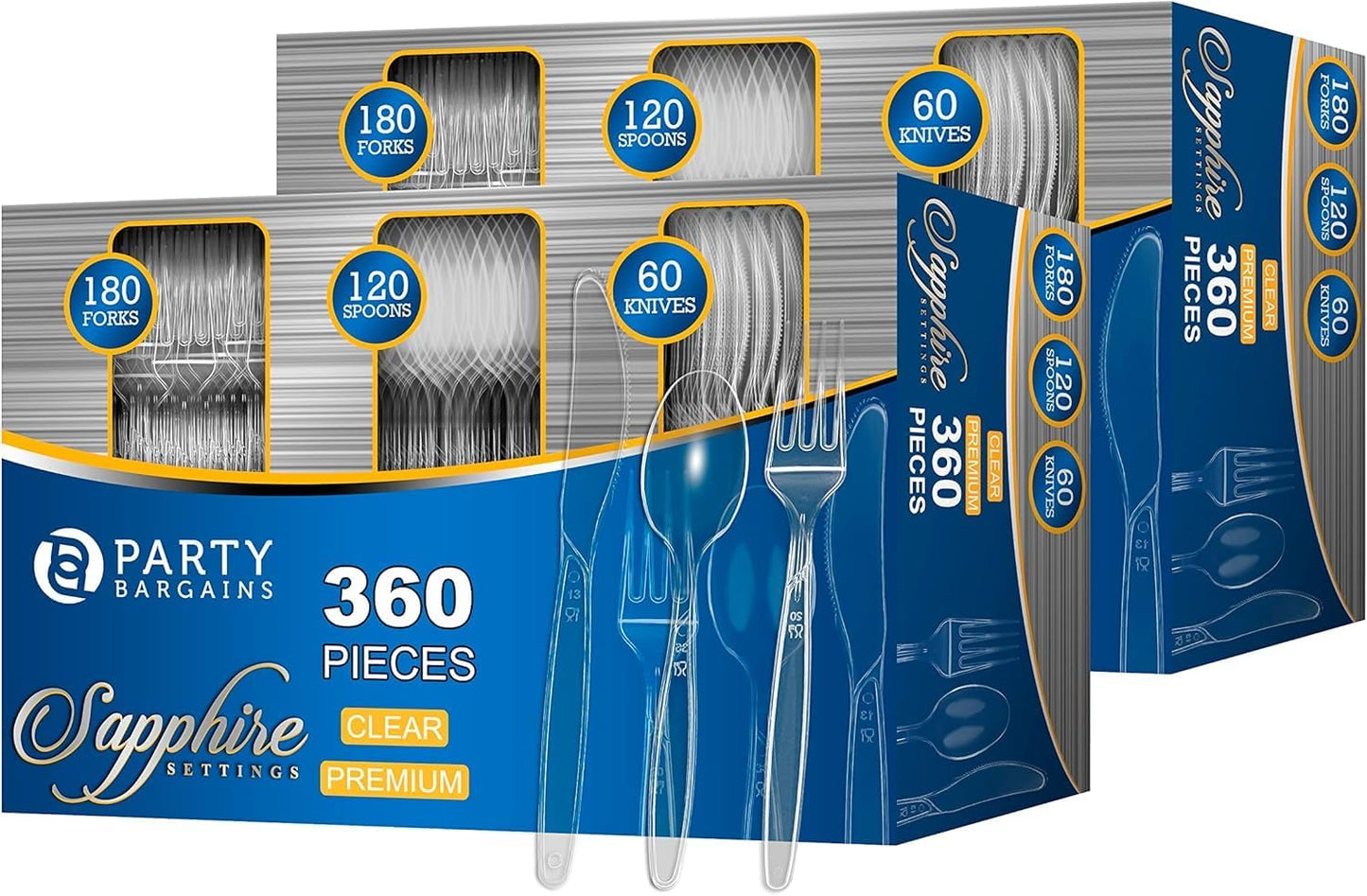 Party Bargains Disposable Cutlery set, SAPPHIRE Design, Clear Color, 360 Pieces: 180 Forks, 120 Spoons, 60 Knives