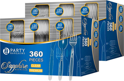 Party Bargains Disposable Cutlery set, SAPPHIRE Design, Clear Color, 360 Pieces: 180 Forks, 120 Spoons, 60 Knives