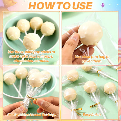 RAINFLOW 600 Pcs Cake Pop Sticks and Wrappers Kit - Lollipop Sticks and Wrappers Including 200ct Cake Pop Stick, 200ct Treat Bags, 200 Pcs Twist Ties for Cakepop, Lollipop, Candy, Chocolate