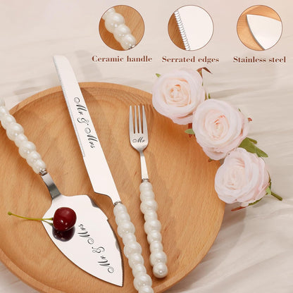 Pearl Wedding Cake Knife and Server Set with Forks, Cake Cutting Set with Stainless Steel Serrated Edges, Silver Pie Cutter Pizza Spatula, Gift for Bridal Couples Engagement (Mr & Mrs)