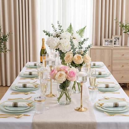 350 Pieces Black and Gold Plastic Plates with Disposable Silverware, Include 50 Dinner Plates 9”, 50 Dessert Plates 6.3”, 50 Black Cups 9 OZ, 50 Pre Rolled Napkins for Wedding Party Graduation