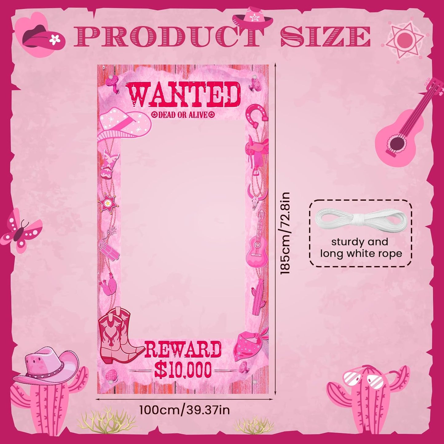 Large Cowgirl Party Decorations Wild West Pink Photo Banner Fun Frame Banner West Wanted Photo Booth Prop Wild Western Selfie Banner for Wild West Western Theme Birthday Party Game Decoration Supplies