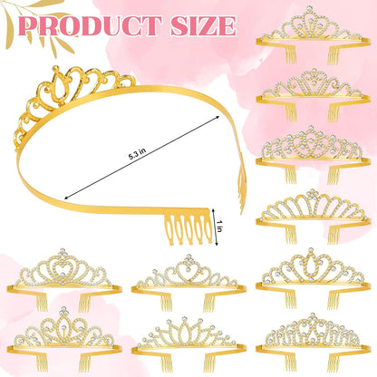 10 Pcs Crystal Crowns Headbands, Gold Princess Headband Rhinestone Crown Queen Headband with Comb for Women Princess Hair Accessories for Birthday Party, Wedding(Random)