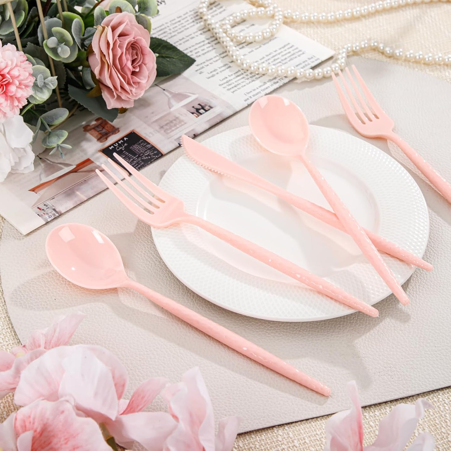 Supernal 360pcs Silver Plastic Cutlery,Elegant Plastic Silverware,Silver Hammed Silverware,Disposable Flatware,Include 120 Forks,120 Knvies,120 Spoons,Perfect for Birthday,Party,Wedding