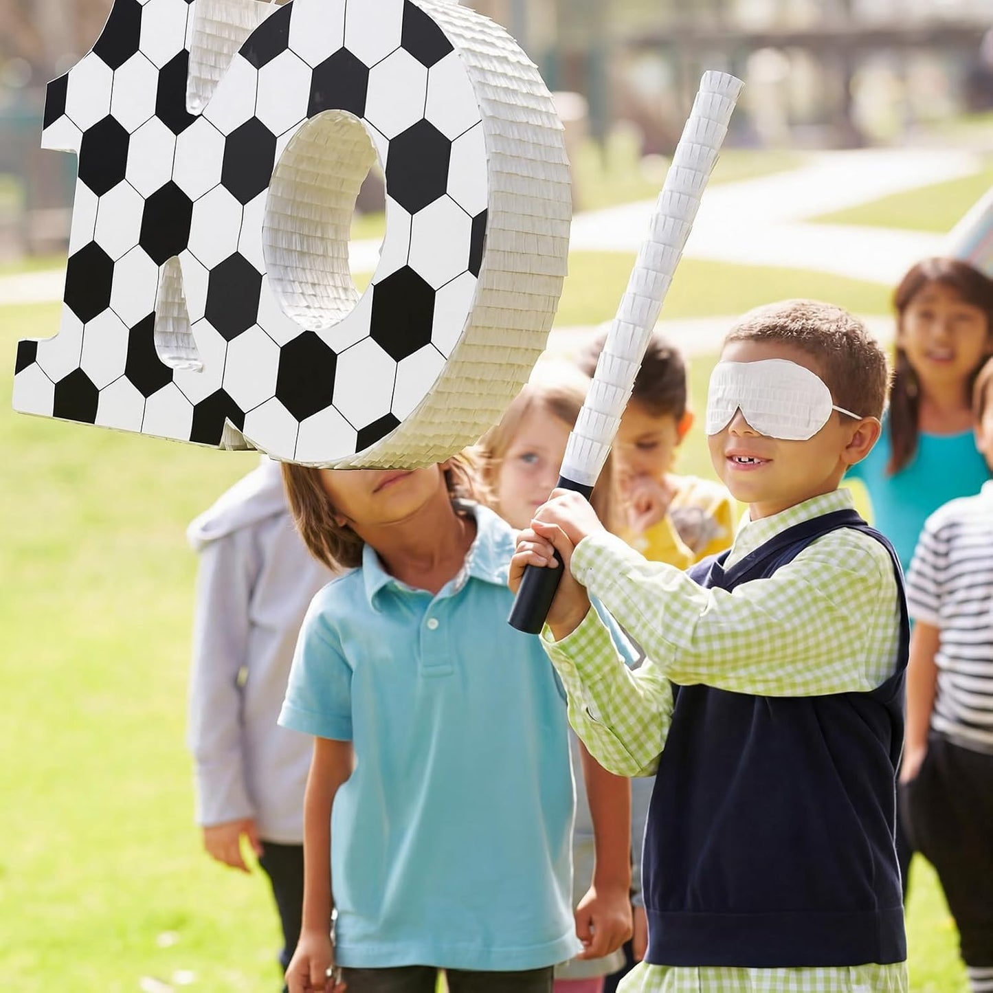 Gemscream Number 9 Soccer Piñata Bundle with Blindfold and Stick Small Piñata Party Decoration for Mexican Fiesta Cinco De Mayo School Anniversary Football Party Celebration Gift 15.75 x 11 x 2.8 in