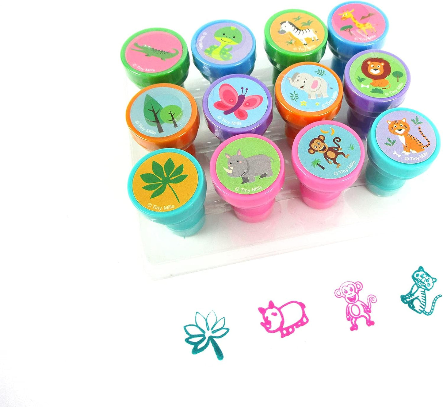TINYMILLS 12 Pcs Safari Jungle Animals Stamp Kit for Kids Self Inking Stamps Gift Jungle Book Party Favor Bag Stuffer Teacher Stamps