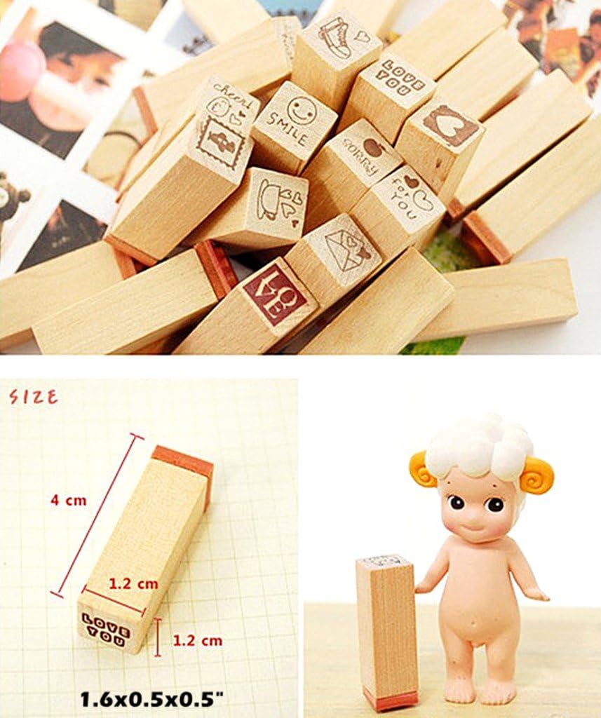 Diary Stamp Set,Wooden Rubber Signet for Children DIY Scrapbooking Card Making(25pcs,Happy Life)